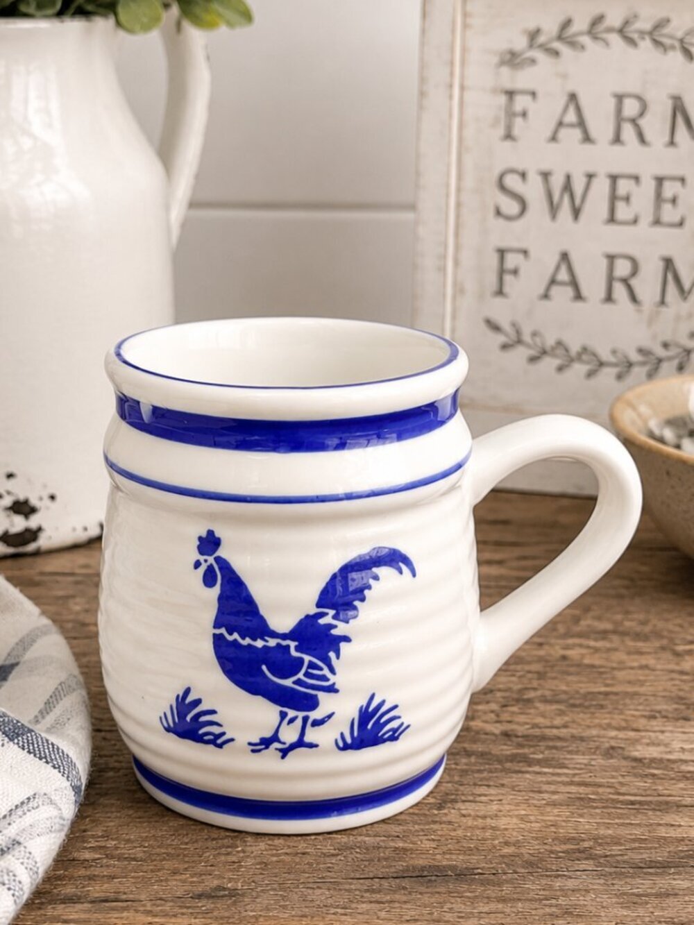 Blue White Rooster Hen Coffee Mug Farmhouse Country Kitchen Ceramic Cup B.I. Inc